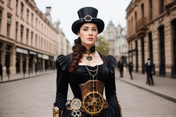 Portrait of beautiful steampunk woman fashion style post modern culture outfit street victorian age background. Generative AI