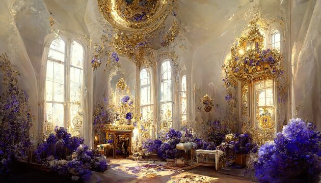 Golden and white interior. White and violet flowers. Baroque style. Fantasy. Generative ai. 