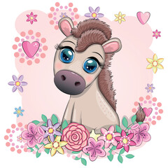 Cute donkey in flowers, with balloons, spring theme. Postcard for the holiday.