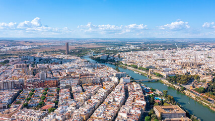 Aerial view of the Spanish city of Seville in the Andalusia region on the river Guadaquivir overlooking the cathedral