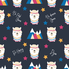 Seamless pattern with llama, alpaca faces. Cute drawings of llama head with hearts, inscription, mountains, cacti, star, dreamcatcher