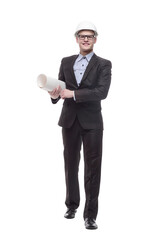 in full growth. young architect with drawings.