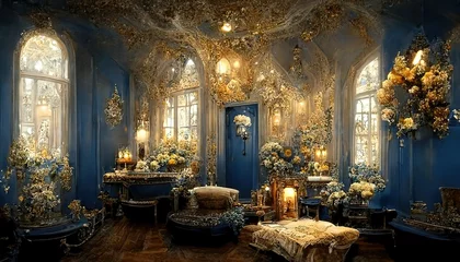 Deurstickers Golden and ultramarine blue interior. Flowers. Baroque style. Generative ai.  © FantasyEmporium