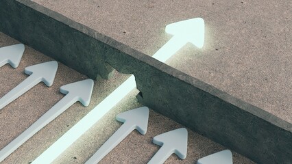 Arrow breaking the wall, success, competition, winning concept, 3d render