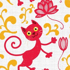 cat and butterfly flowers seamless abstract pattern background fabric fashion design print wrapping paper digital illustration texture wallpaper colorful image