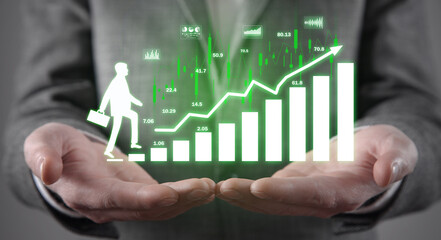 Man climbing graph and stock market statistics.