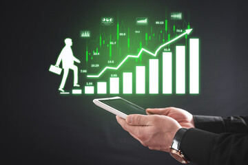 Man climbing graph and stock market statistics.