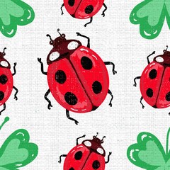 seamless floral herbal pattern with ladybirds and shamrock lucky leaves 