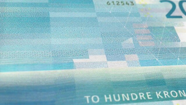 Norway Norwegian Krone 200 Banknotes, Two Hundred Norwegian Krone, Close-up and macro view of the Norwegian Krone, Tracking and Dolly Shots 200 Norwegian Krone banknote Observe and Reserve Side