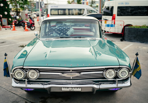 Sky colored Chevrolet retro car at the auto show. Phuket, December 17, 2022.