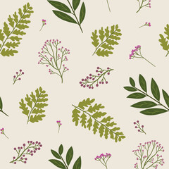 Simple floral seamless pattern with flowers and leaves. Fern and bay leaf botanical pattern on beige background. Floral texture for textile, wall design. Hand draw vector illustration