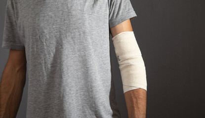 Bandage on elbow. First aid and medicine concept