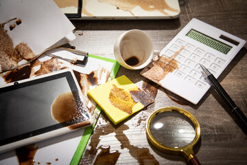 Coffee spilled over document and business objects.