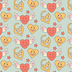 Groovy  pattern   heart, star in trendy retro cartoon style. Funny heart on blue background