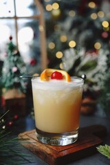 New year cocktail Whisky Sour on festive holiday bokeh background