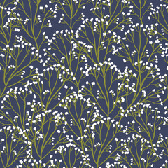 Simple floral seamless pattern with dried flowers. White Achillea or common yarrow plant on blue background. Floral texture for textile, wall design. Hand draw vector illustration