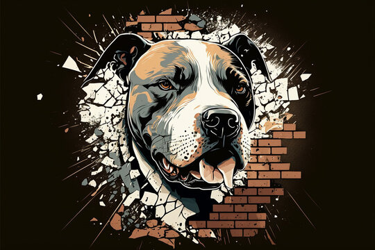 stylized illustration of a pitbull head, rendered in a bold and graphic style. pitbull's head is shown in muted colors, with piercing eyes and sharp teeth that give a powerful and fierce appearance