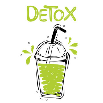 Detox. Plastic cup with smoothie. Healthy food poster. Hand drawn vector elements of smoothies, lemonade, fresh, juice, detox and fruits in sketch style