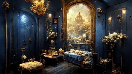 Golden and ultramarine blue interior. Flowers. Baroque style. Generative ai. 