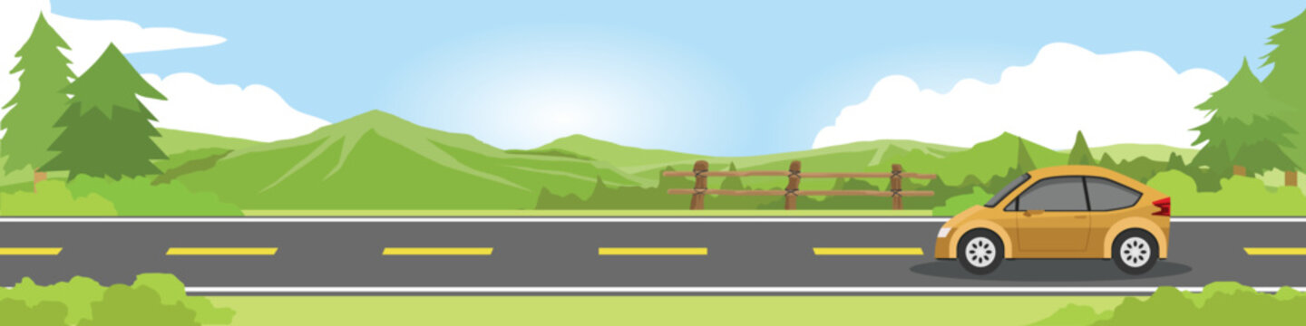 Happy family  car for banner. Car sedan for travel.  Asphalt road near the green grass and mountain under clear sky for winter travel. Copy Space Flat Vector.