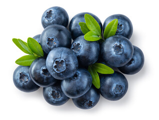 Blueberry isolated. Blueberries top view. Blueberry heap with leaves on white background. With clipping path.