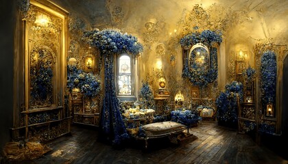 Fototapeta na wymiar Golden and ultramarine blue interior. Flowers. Baroque style. Generative ai. 