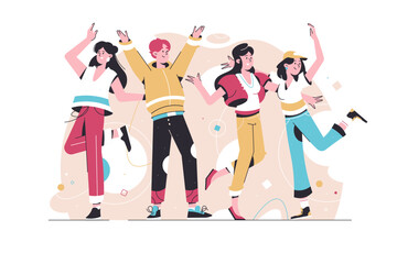 Young people jump. Friends dance and joy. Team together. Teamwork. Сelebrate. Stylish happy teenagers male and female. Vector illustration for web banner, infographic, mobile phone. Enjoy life.