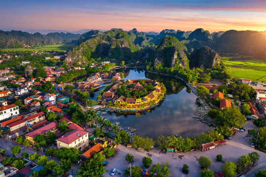 Aerial view of Tam coc at sunrise in Vietnam.