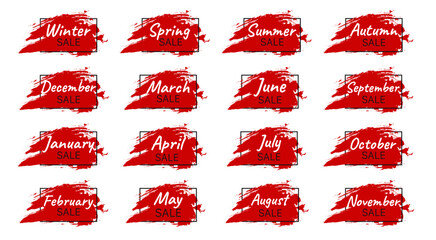 Set of red sale labels tags badges April January, March, Winter, Spring, February, May, June, October November, 4 seasons. All months sale template banner shopping badges, Special offer, discount sale
