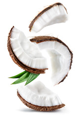 Coconut isolated. Coconut slice and piece with leaves on white background. Broken white coco flying. Composition. Full depth of field. - obrazy, fototapety, plakaty