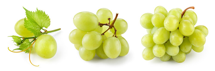 Green grape isolated. Fresh green grape with leaves on white background. Grape bunch collection. Full depth of field.