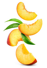 Peach isolated. Peach slices flying on white background. Falling peach pieces with leaf. Full depth...