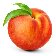 Peach isolated. Peach with leaves on white background. One peach fruit with clipping path. Full depth of field.