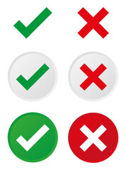 Green check mark and red cross mark icons or buttons. Checkmark, tick, checklist, approved sign, and symbols in different variations.