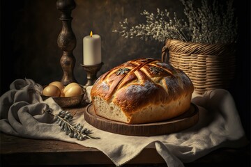 Serbian Orthodox Christmas eve, table set up, bread and candle. Česnica bread. Generative ai.  