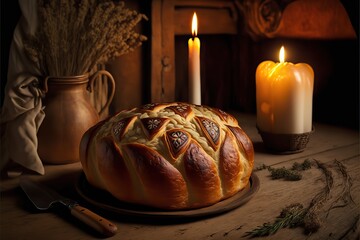 Serbian Orthodox Christmas eve, table set up, bread and candle. Česnica bread. Generative ai.  