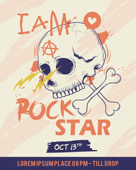 Rockstar Skull Poster Music Concert with Vintage Style Illustration 