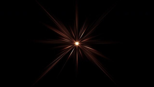 4K loop center rotating flickering gold star sun lights optical lens flares shiny animation art background. Lighting lamp rays effect dynamic bright video footage. Gold glow star optical flare motion.