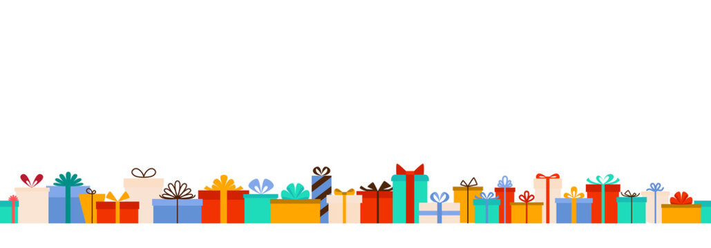Seamless border with a multi-colored gift boxes with bows. Illustration on transparent background in modern flat style