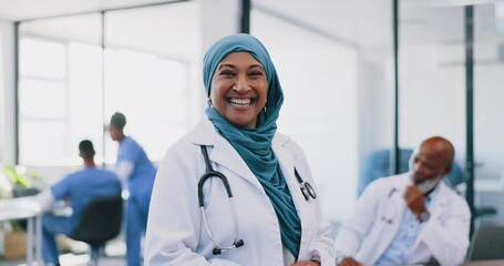 Face, Islamic woman and doctor with smile, hospital and confidence for surgery, consulting and success. Muslim female, lady and medical professional for healthcare, consultant and surgeon in clinic.