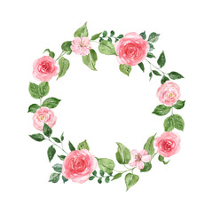 Watercolor floral wreath. Pink roses, green foliage, spring blossom illustration. Circle botanical frame.
