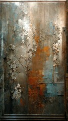 Venetian wall surface. Copper, silver, blue green colors. Floral details. Grunge vintage wall. Generative ai. 