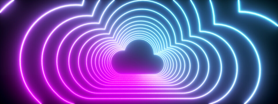 Cloud neon icon, website or mobile application, 3d render, panoramic image
