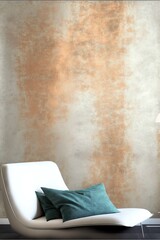Copper and metallic wall. White chair. Generative ai. 