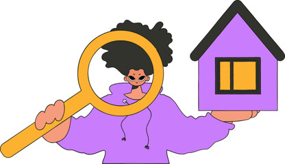 Male real estate agent holding a house and a magnifying glass. Real estate home property.