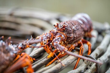 close up of a Catching live Lobster in America. lobster crayfish in Tasmania Australia. ready for chinese new year