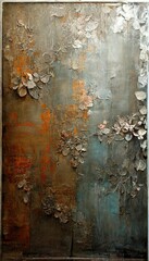 Venetian wall surface. Copper, silver, blue green colors. Floral details. Grunge vintage wall. Generative ai. 