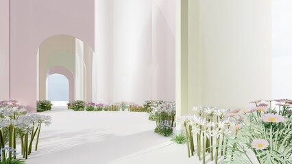 Architecture interior background arched pass with flowers 3d render