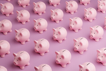 Array of pink piggy banks on pink background. Illustration of the concept of personal savings and financial investment - obrazy, fototapety, plakaty