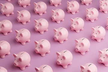 Fotobehang Array of pink piggy banks on pink background. Illustration of the concept of personal savings and financial investment © Dragon Claws